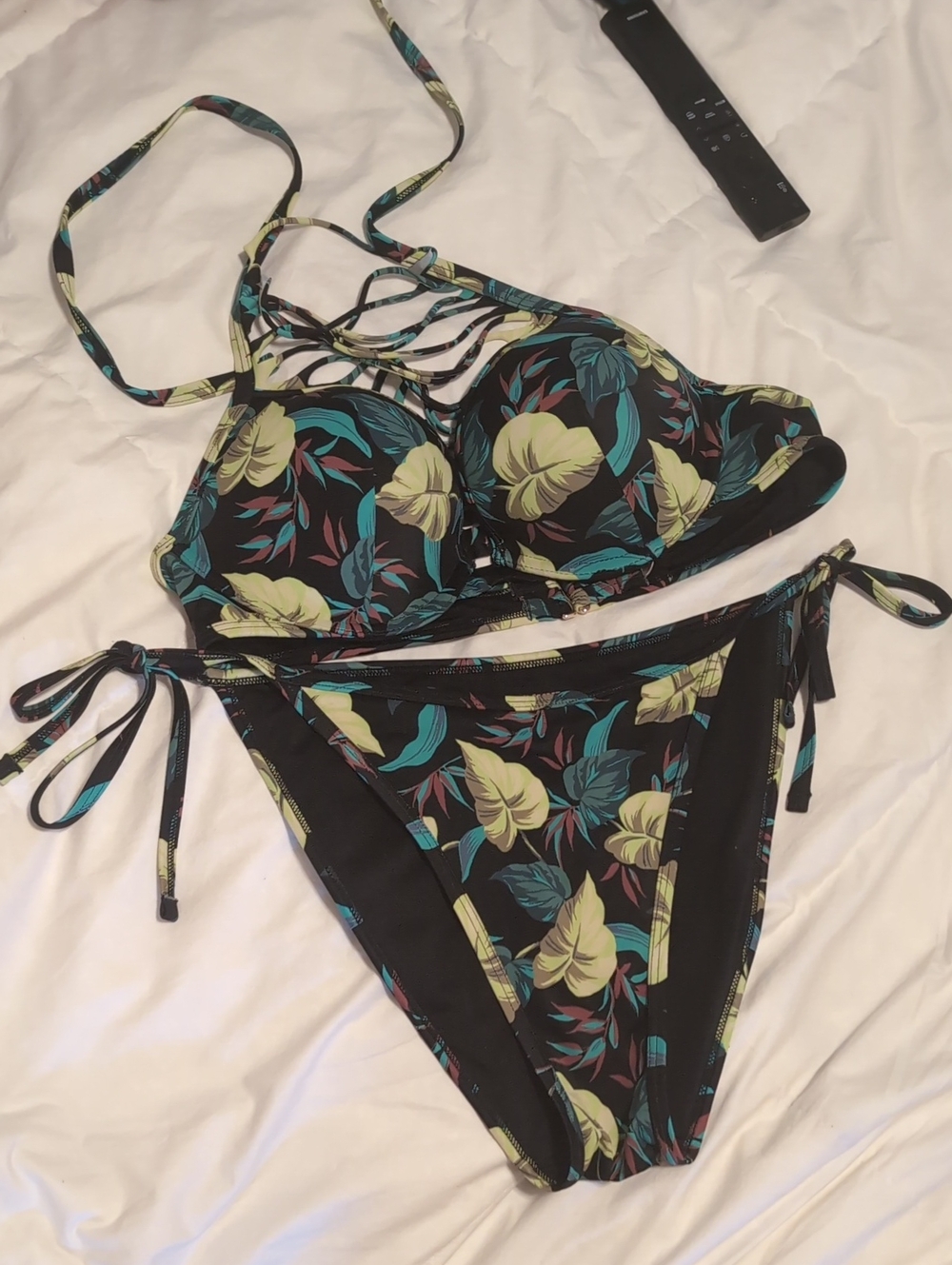 Victoria's Secret Black Bikini with Yellow & Teal Floral Accents